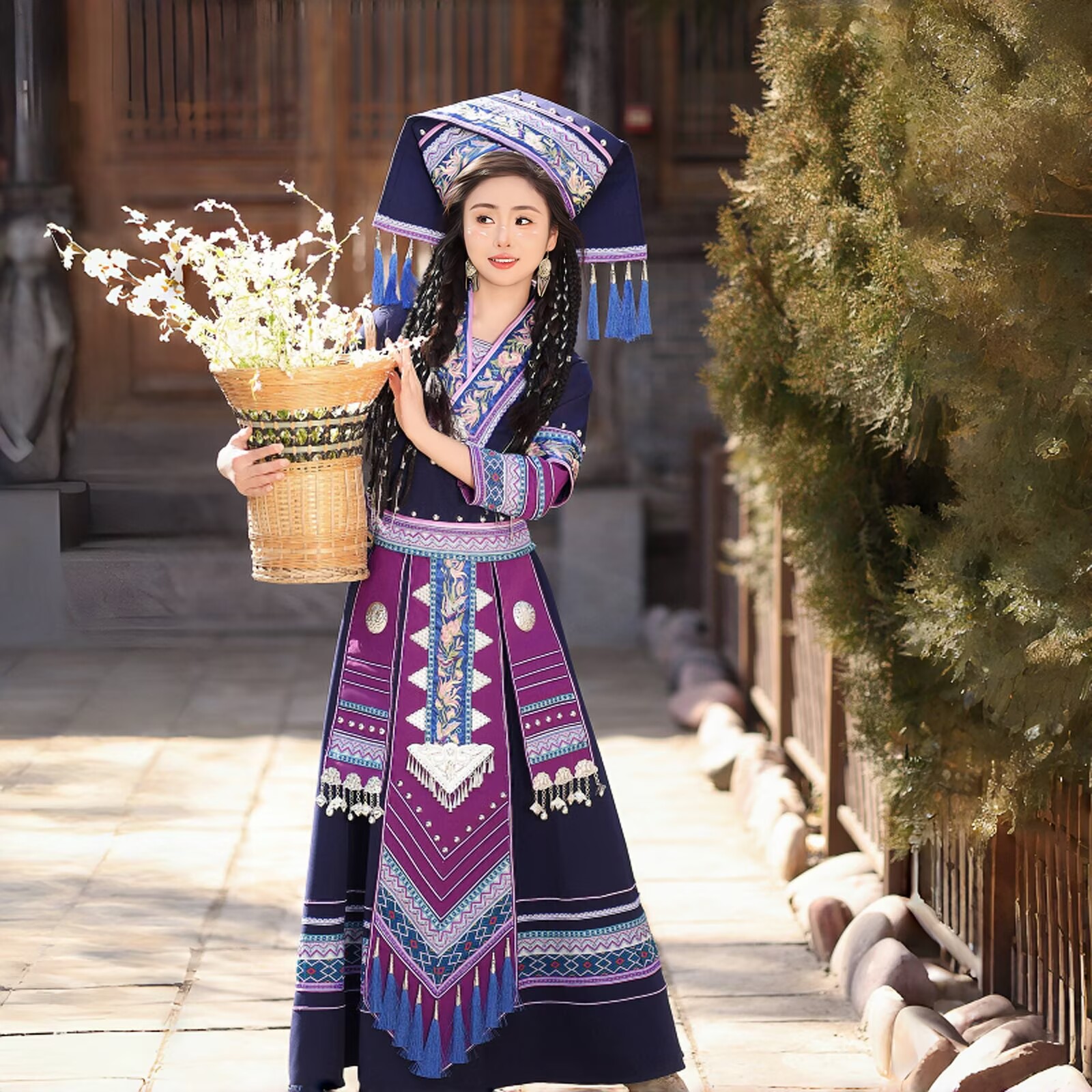 3月3日チワン族の民族衣装、女性用、大人用、広西チワン族の少数民族衣装、チワン族の錦織り衣装、ダンスパフォーマンスセット