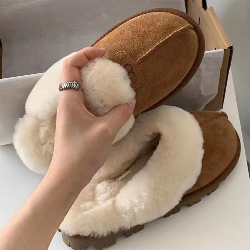 2024 New Model Qian Songyi Style Fur-Lined Slippers for Women, Outdoor Closed-Toe Slippers, Warm Home Wool Slippers