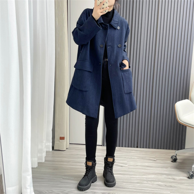 Huiyige ດູໃບໄມ້ລົ່ນແມ່ຍິງ woolen coat plaid coat Korean style loose casual mid-length coat commuter coat