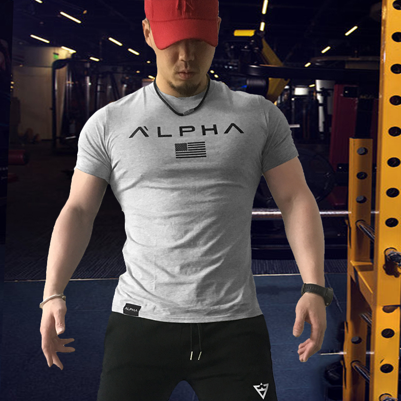 Muscle men fitness short sleeve T-shirt breathable thin summer cotton stretch round neck T sports training tight short sleeve tide