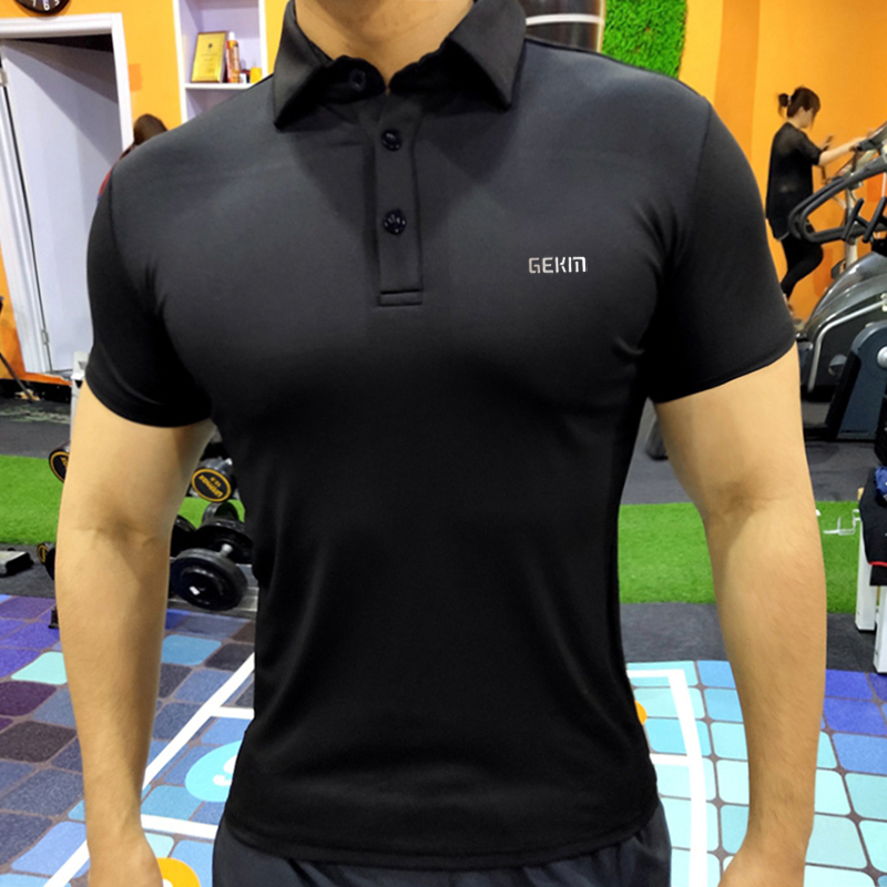 Fitness trainer work suit tight fit trend POLO shirt Muscle quick-drying sports T-shirt men's slim silky cotton short sleeve