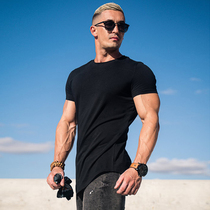 Summer solid color sports T-shirt mens muscle mens round neck breathable fitness short-sleeved top running training elastic cotton