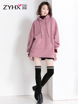 Free breathing plus velvet thick sweater womens 2019 new autumn and winter mid-length loose hooded fake two-piece jacket