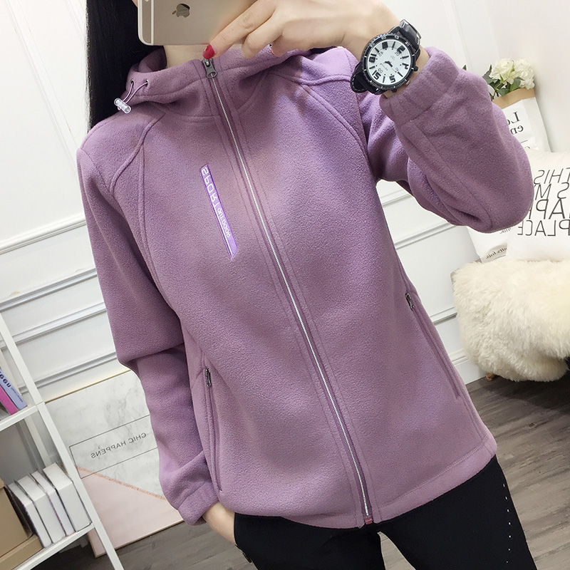 Women's hooded fleece jacket Autumn and winter thick warm fleece solid color hiking trekking cardigan jacket women's suit