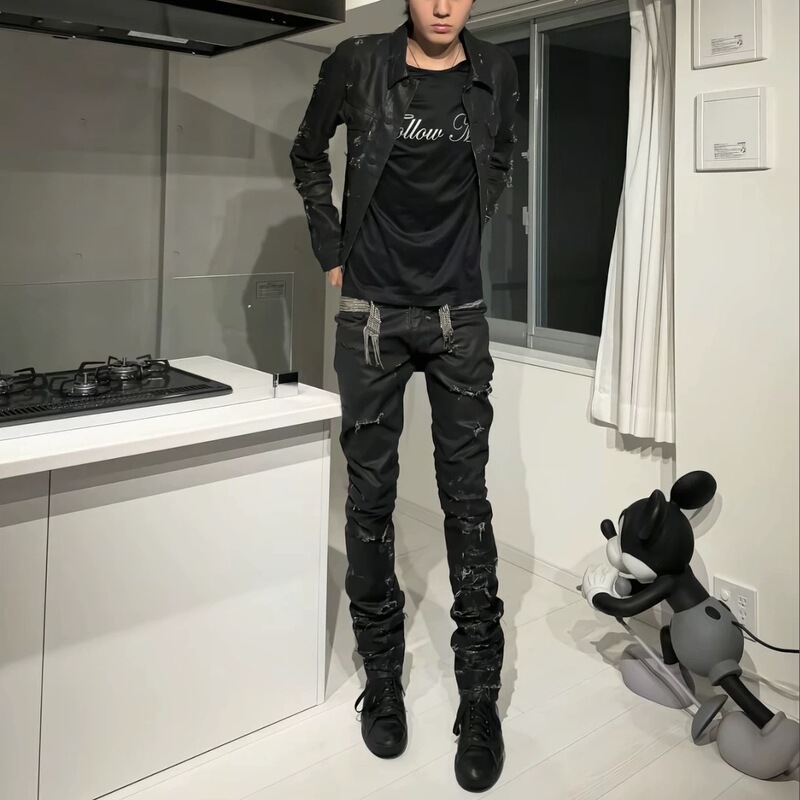 Street Style Independent D Vinyl-Style Distressed Wax Pants Home04 Wax Coating Ripped Washed Slim Fit