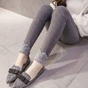 Mùa thu và mùa đông khói màu xám giả denim dày cộng với quần legging nhung nữ mặc tóc cừu bó sát chân dài - Quần tây thường