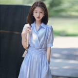 Летний приталенный ретро корсет, кремовая синяя рубашка, платье, изысканный стиль