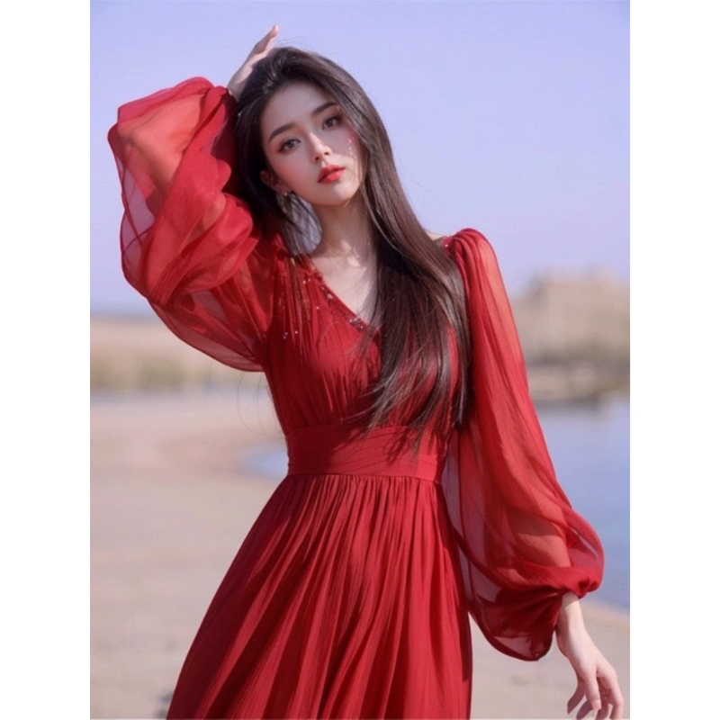 Exotic Ethnic Style Seaside Vacation Red Dress Autum Women's Clothing 2026 New Style Waist-Cinching Elegant Long Dress Exotic Ethnic Style Seaside Vacation Red Dress Autum Women's Clothing 2026 New Style Waist-Cinching Elegant Long Dress