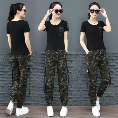 Camouflage suit Women's tooling pants Summer pure cotton short-sleeved T-shirt camouflage trousers fashion casual sports two-piece suit