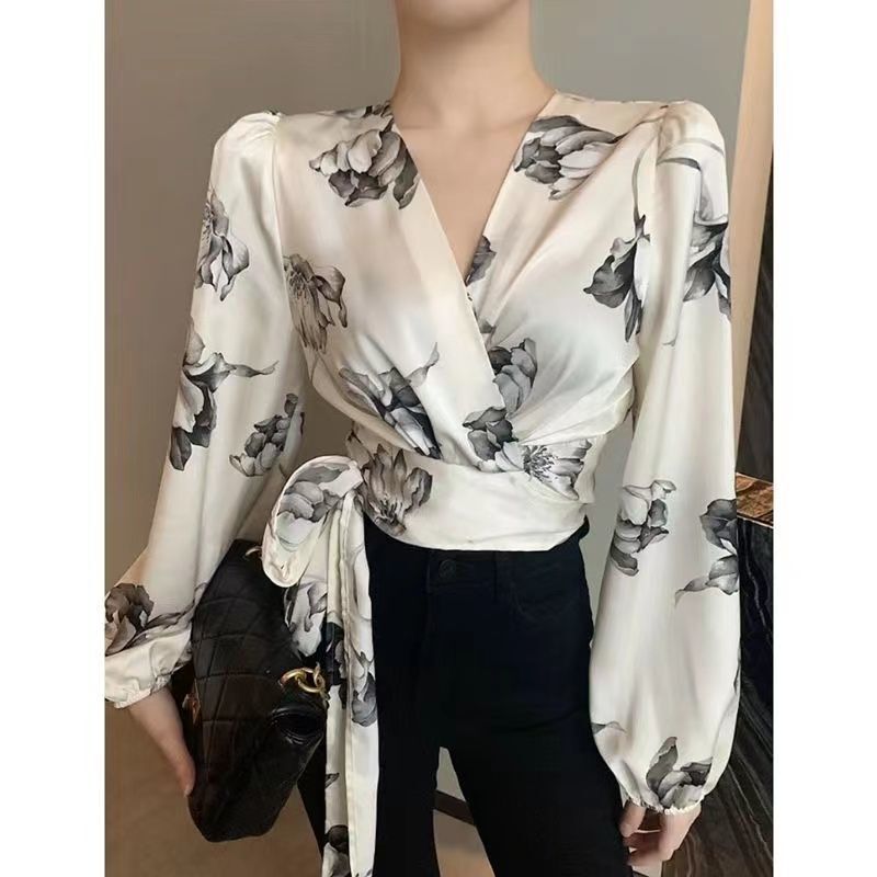 Chiffon Shirt with a Chic and Unique Cross-Tie V-Neck Design, Long-Sleeved Blouse, 2025 Spring New Arrival for Women ins Trendy