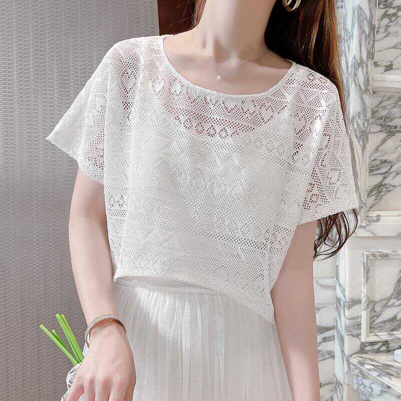 Sun Protection Hollow-Out Short Lace Top with Short Sleeves, Camisole Dress, Outerwear, Mesh Shawl, Women's Summer Thin Pullover