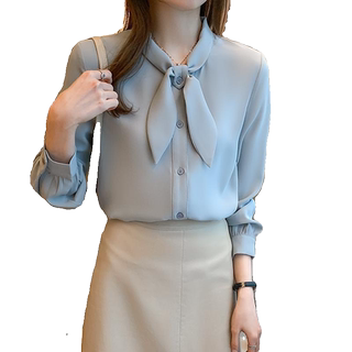 蝴蝶结衬衣女长袖春秋白色上衣高端职业装气质初秋飘带雪纺白衬衫