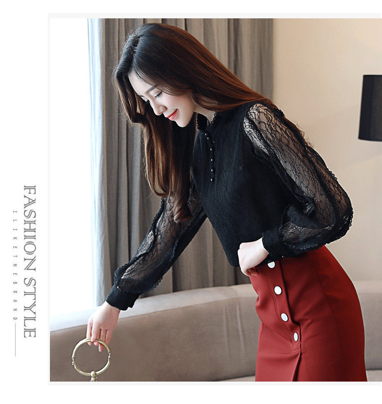 Áo nhung dày 2018 thu đông 2018 phiên bản Hàn Quốc mới của cổ áo sơ mi voan dài tay rộng size áo sơ mi ren tay áo sơ mi nữ sơ mi trắng tay phồng