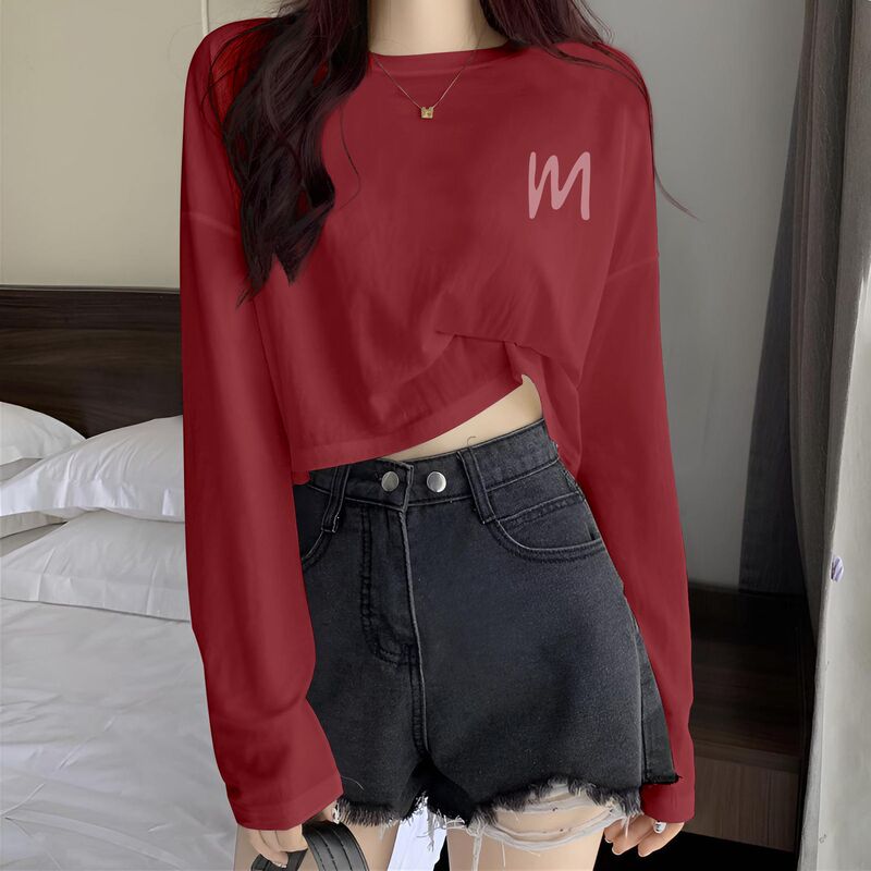 Sweet and Spicy Round-Neck Short Long-Sleeve T-Shirt for Women, Early Autumn New Style, High-Waisted, Slimming, Pure Desire Short Top, Trendy