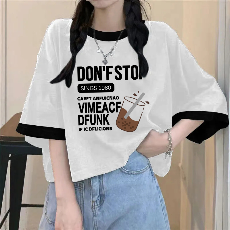 Summer New Style Pure Cotton Printed T-Shirt for Women, Pure Cotton Breathable Short-Sleeved Loose-Fitting Niche Design Spliced Half-Sleeve Top
