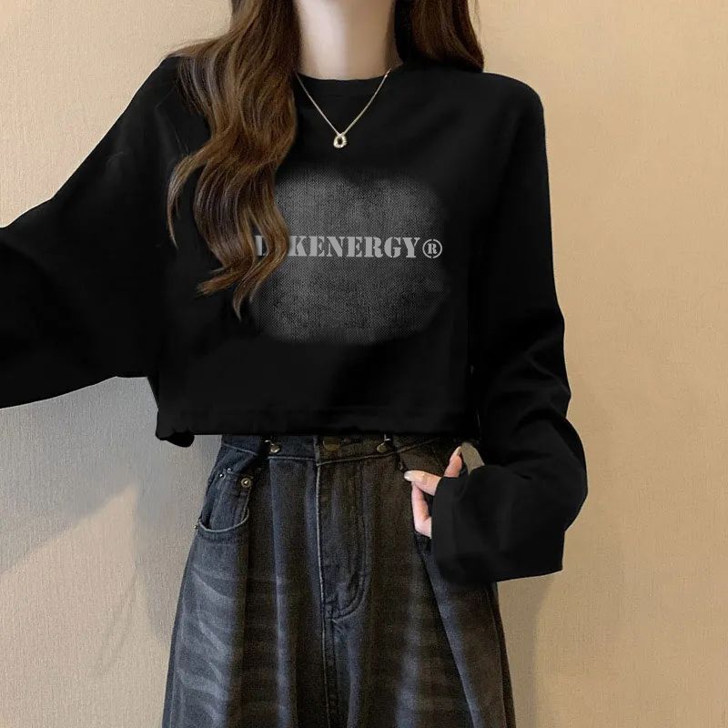 American Retro Fun Print Long-Sleeve T-Shirt for Women, Early Autumn Trendy Brand Design, High-Waisted Slimming Short Top