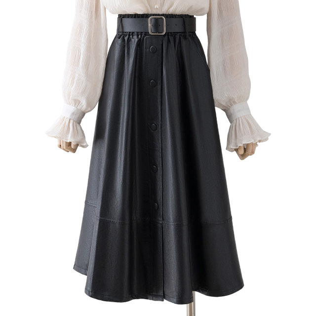 Black PU leather skirt skirt women's autumn and winter 2022 new high-waisted mid-length high-end skirt design sense is small