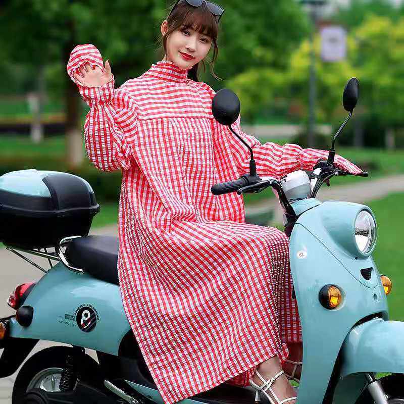 电动车防晒衣女长款全身骑车防紫外线透气格子披肩开衫荷叶领遮阳