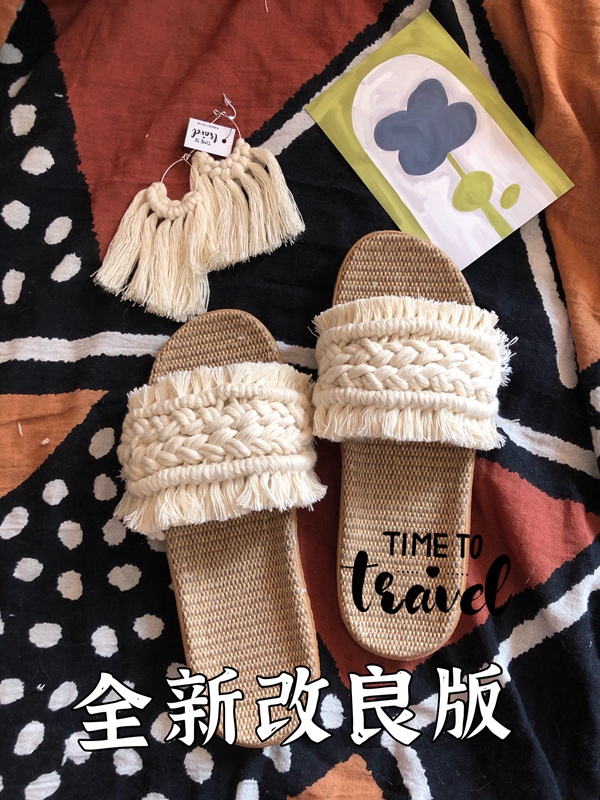 New  Thai Linen Straw Fur Ball Tassel Slippers Hand-Knitted Home Outing Linen Slippers European Plain Linen Weaving