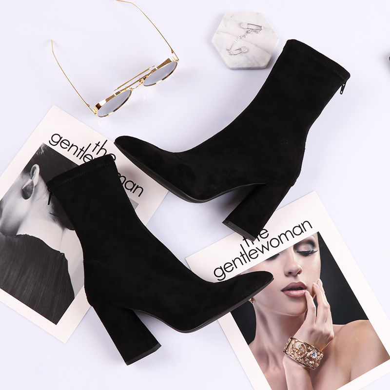 Women's Shoes New Korean Style Autumn and Winter Mid-Calf Pointed Toe Chunky Heel Short Boots Women's High Heels Women's Student Elastic Boots