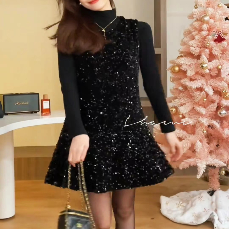 【Chami Star Dream】Light Luxury Sequin Sparkle~~Base Shirt + Vest Dress Two-Piece Set in a Chanel Style