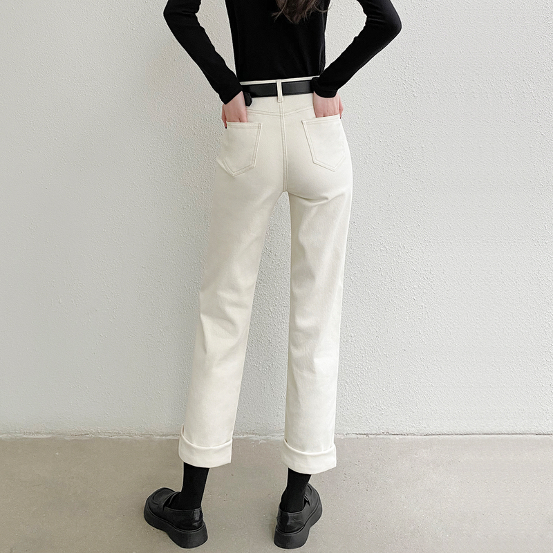 Off-White Straight-Leg Jeans for Women, Fleece-Lined, High-Waisted, Slimming, 2026 Autumn and Winter New Style, Narrow Cigarette Pants for Petite Women Off-White Straight-Leg Jeans for Women, Fleece-Lined, High-Waisted, Slimming, 2026 Autumn and Winter New Style, Narrow Cigarette Pants for Petite Women