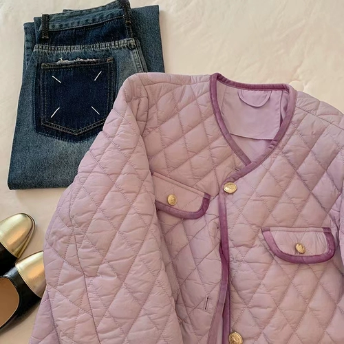 Сиреневый пуховик, демисезонная стеганая куртка, в стиле Шанель, французский стиль