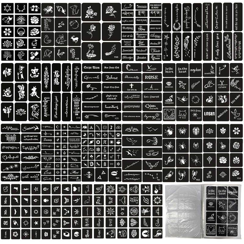 337 Cut-Out Templates, 20 Pages with Adhesive Backing, Body Painting, Henna Art Booklet, Text, Floral, Fashion Elements 337 Cut-Out Templates, 20 Pages with Adhesive Backing, Body Painting, Henna Art Booklet, Text, Floral, Fashion Elements