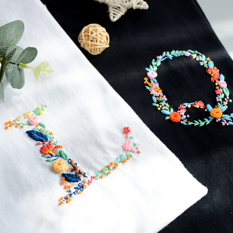 Surname Letters Embroidered Diy Material Bag Short Sleeves Flowers And Grass Self-Embroidered Scarves Gift to hand boyfriend beginners