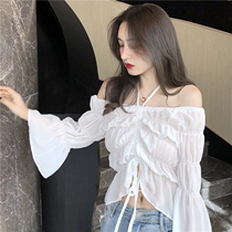 Horn sleeves Lotus Leaf Side Snowspun Shirts Chic Hang Neck with Collar Shoulder Accessories Broadlegged Pants Tucked Short blouses Early spring