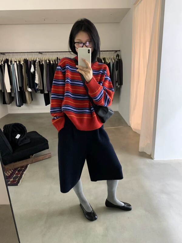 Atmospheric Color Contrast! Ouvir Korean-Style Lazy Retro Striped 100% Wool Thick Pullover Sweater Knitwear Atmospheric Color Contrast! Ouvir Korean-Style Lazy Retro Striped 100% Wool Thick Pullover Sweater Knitwear