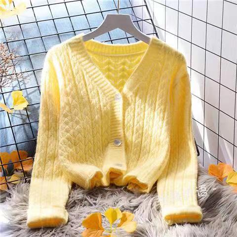 Yellow Fresh Short Sweater Jacket for Women, Loose Fit, 2023 New Autumn Versatile Stylish Knitted Cardigan Yellow Fresh Short Sweater Jacket for Women, Loose Fit, 2023 New Autumn Versatile Stylish Knitted Cardigan