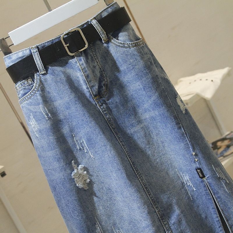 . (Gửi vành đai) eo cao hiển thị lỗ mỏng trong váy phụ nữ dài denim của váy size lớn ngã ba mở một từ