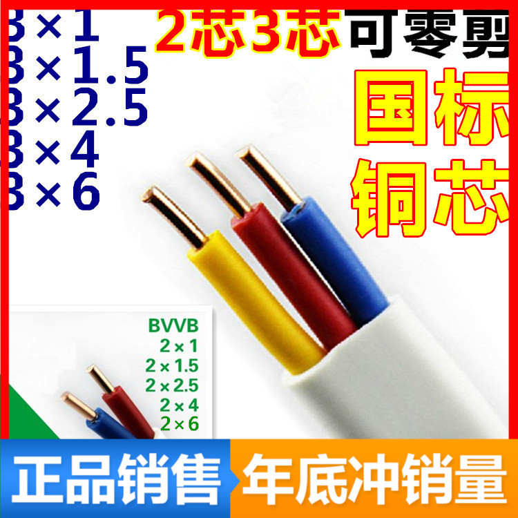 Pure copper core wire and cable 2 core 3 core X1 1 5 2 5 4 6 square sheath line national standard BVVB zero shear 1 meter