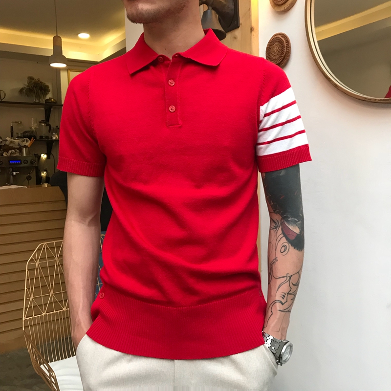 Tb vài mô hình ngắn tay áo len Hàn Quốc phiên bản của ve áo TB dòng ba thanh Slim polo áo triều nửa tay T-Shirt