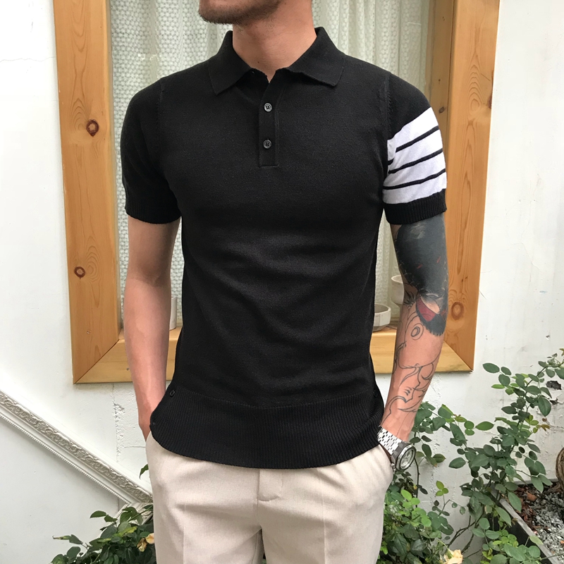 Tb vài mô hình ngắn tay áo len Hàn Quốc phiên bản của ve áo TB dòng ba thanh Slim polo áo triều nửa tay T-Shirt