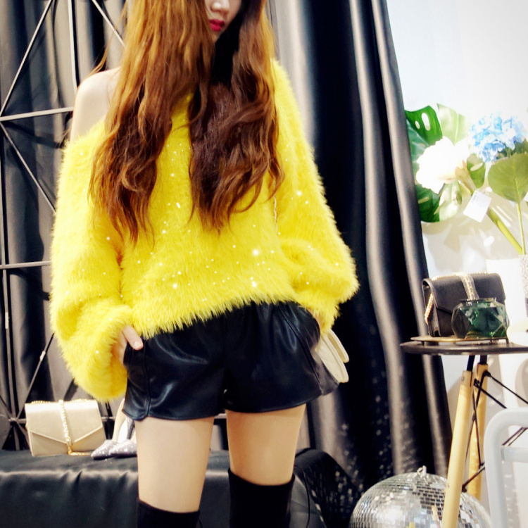 2018 sang trọng sequins mới ins siêu lửa thanh lịch nữ thần v- cổ đèn lồng tay áo áo len giả nhung áo len dày áo len nữ form rộng