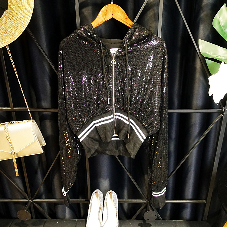 Slim! 2018 trạm Châu Âu blingbling nữ thần mới sequins sáng bóng kem chống nắng dây kéo trùm đầu áo ngắn áo lông vũ