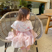 2021 new girls summer suit Korean version of the female baby Western style princess dress childrens short-sleeved summer rainbow yarn skirt