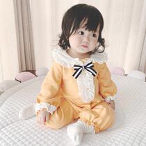 Baby pure cotton long sleeve spring autumn loaded with sweet and cute dolls collar bag farted clothes Harvest one-piece clothes womens palate to wear boomer clothes