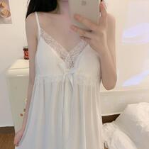White Style Pyjamas Dress Summer Dress 2021 Loose 100 Hitch Girl Net Yarn Lace Lace Side Harness Sleeping Dress With Chest Cushion
