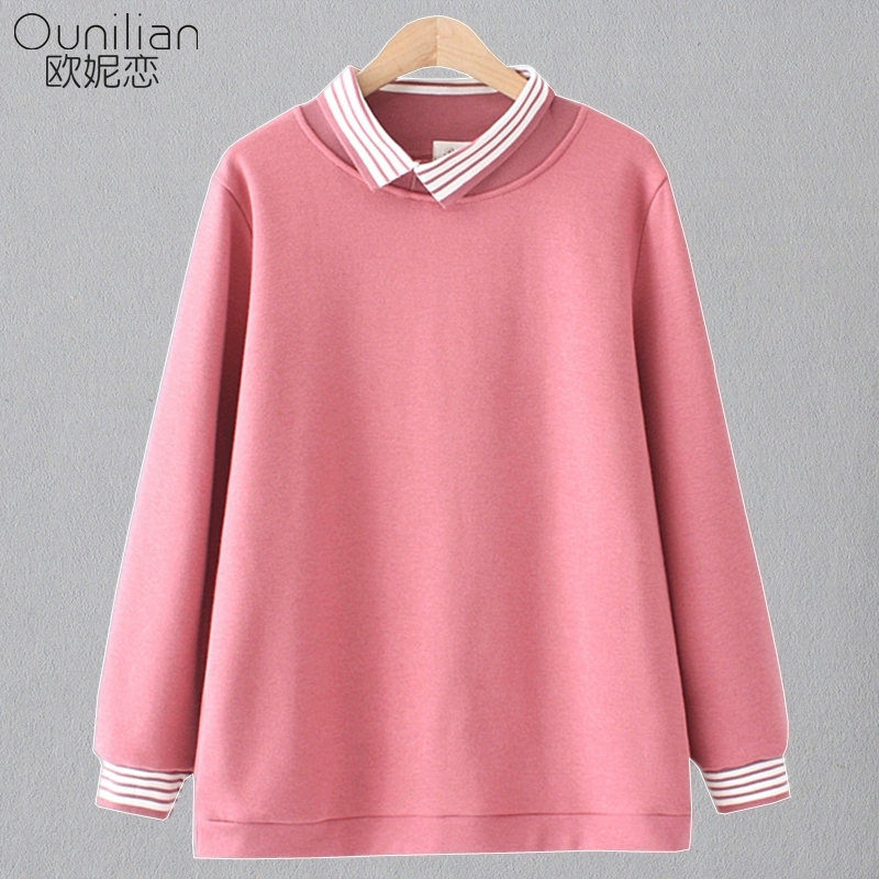 Thu đông new plus size của phụ nữ và áo len nhung rộng 200 catties Áo khoác ngắn hai mảnh giả phong cách Hàn Quốc - Áo len