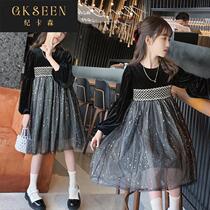 Girls 2022 spring and autumn long-sleeved dress childrens clothing girl sweet mesh gold velvet splicing skirt