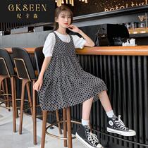 Girls dress summer dress 2022 new middle and big childrens foreign style fake two-piece childrens summer thin skirt