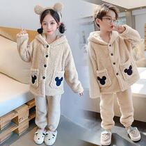 Autumn and winter childrens clothing boys and girls home service suits medium and large childrens lamb fleece pajamas tops pants home