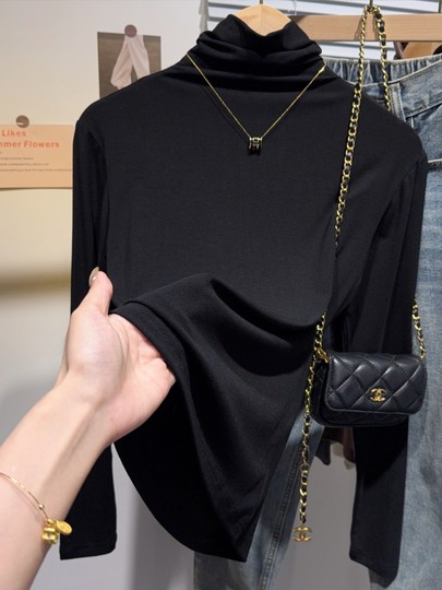 秋冬保暖高领打底衫女内搭2024新款修身舒适软糯长袖T恤黑色上衣