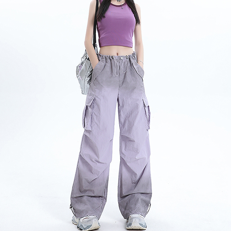 2024 Summer New High Street American-Style Tie-Dye Cargo Pants for Women, Drawstring Wide-Leg Casual Jogger Quick-Dry Straight-Leg Long Pants