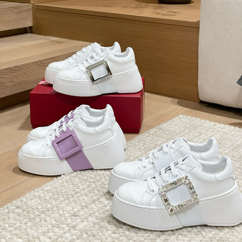 Top Version Tang Yan Celebrity Style 8cm Thick-Soled Height-Increasing Square Buckle Rhinestone White Shoes for Women, Genuine Leather Versatile Platform Casual Shoes