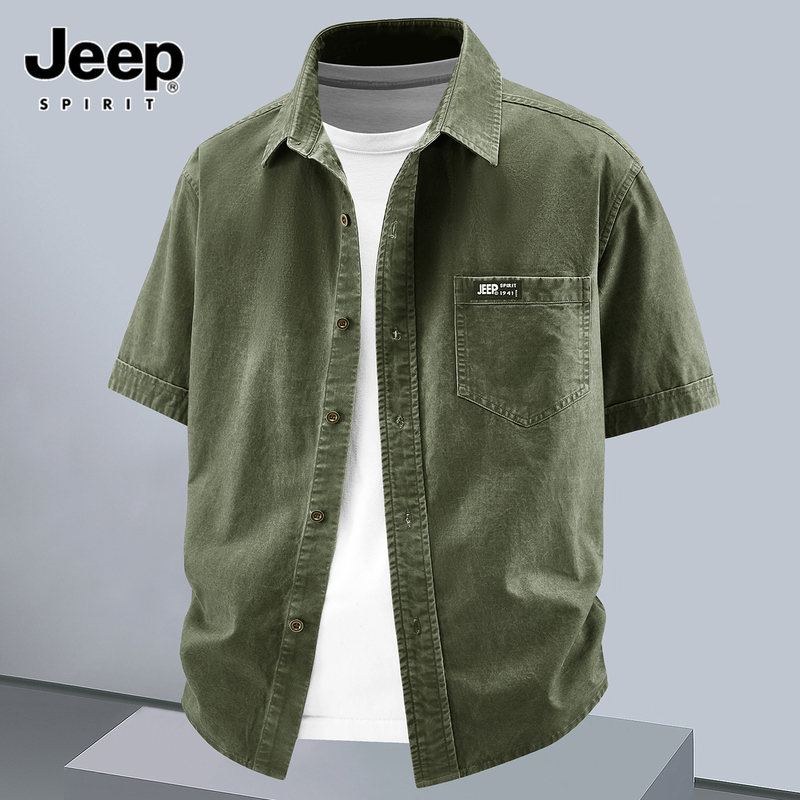 Jeep Jeep Short-Sleeved Shirt Men's Summer Pure Cotton Washed Workwear Outdoor Casual Men's Shirt Loose Large Size