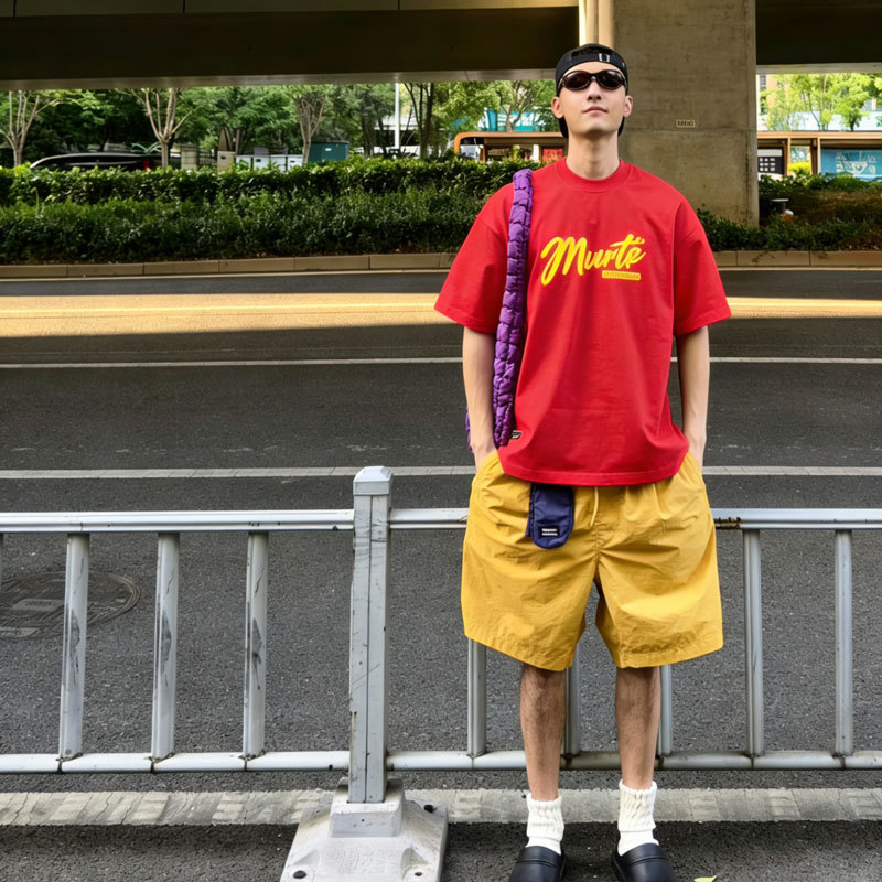 American-Style Letter-Printed Short-Sleeved T-Shirt for Boys, Loose-Fitting Pure Cotton, Dropped Shoulder Sleeves, Red Half-Sleeve, Trendy Brand, New Summer Style